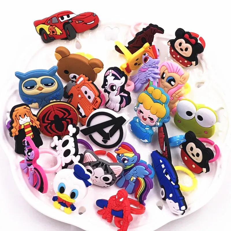 Random 10Pcs Mix Cartoon PVC Rings for Children Girls Boys Baby Adjustable Kids Jewelry Finger Ring Party Gift | Украшения и