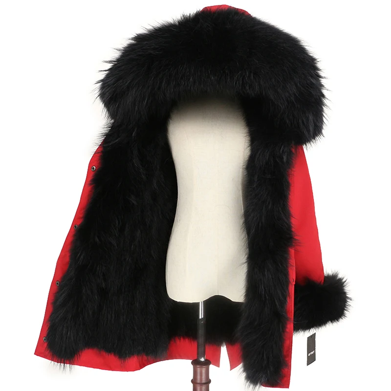 red black black OFTBUY, водонепроницаемое пальто с натуральным мехом, длинная парка, зимняя куртка для женщин, натуральный мех енота, воротник, капюшон, подкладка из лисьего меха, теплая уличная одежда - Цвет: red black black