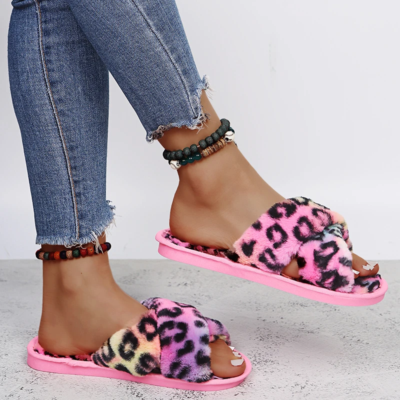 Женские меховые тапочки с леопардовым принтом теплые плюшевые шлепанцы открытым
