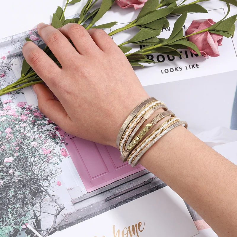 

Multilayer Genuine Leather Bracelets for Women 2020 Fashion Boho Resin Charm Rhinestone Chain Wrap Bracelet Femme Jewelry