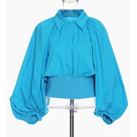 seebeautiful vintage large size blouse shirt lapel lantern sleeve button ealstic waist simple new fashion spring 2022 women m836