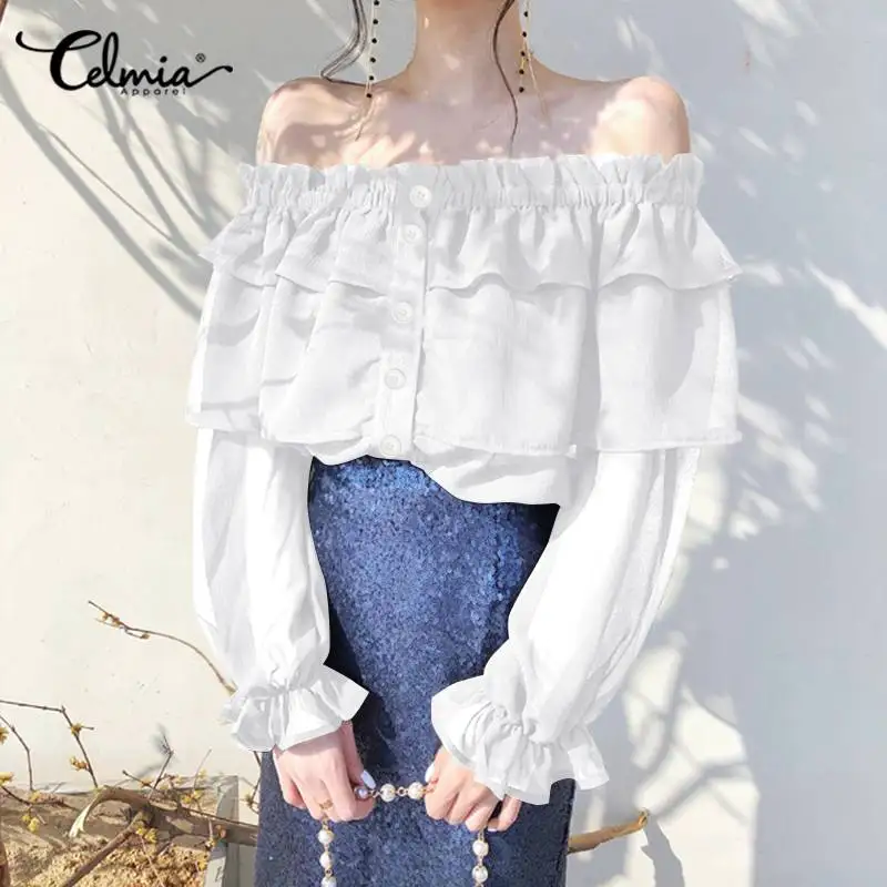 

Женские Модные прозрачные блузки Celmia, пикантные топы с открытыми плечами и декоративными пуговицами, повседневные офисные блузки с оборкам...