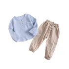 Хлопковая и льняная футболка на пуговицах, штаны, 2 шт.компл.