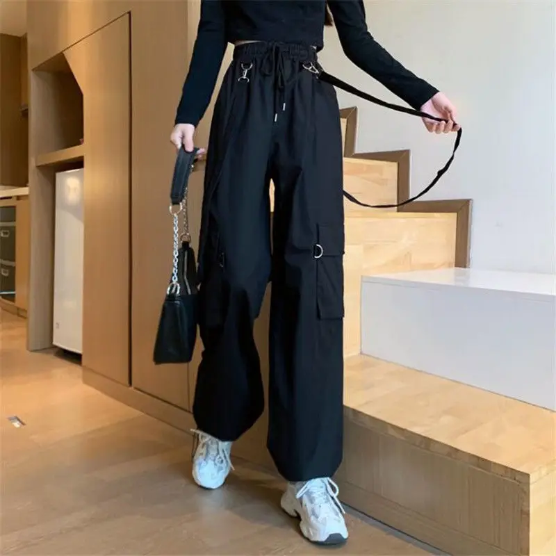 

Korean version ins fashion loose straight tube high waist show thin black handsome overalls women BF corset casual pants