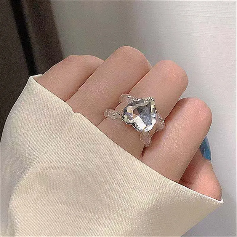 

Ins Heart-shaped Rhinestone Rings Elastic Crystal Super Fairy Korea Simple Peach Heart Index Finger Ring Travel Date Gift Friend
