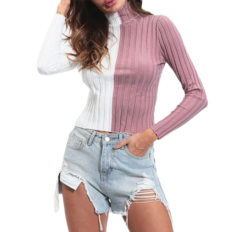 

Women Long Sleeve Turtleneck Sweater Ribbed Knit Striped Bodycon Pullover Top Color Block Patchwork Basic Jumper Shirt