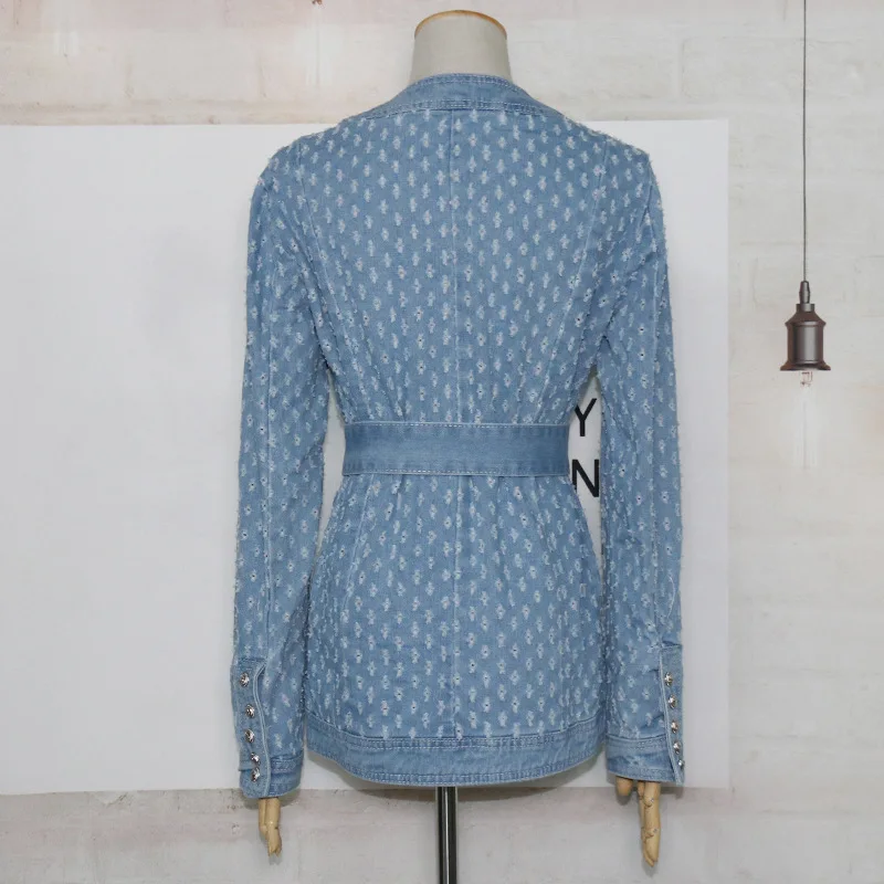 

Women Hollow Out Denim Jackets Women blue Wash Jean Coat Vintage Casual Slim Jean Jacket Tops Lace Up Bomber Denim Coat women