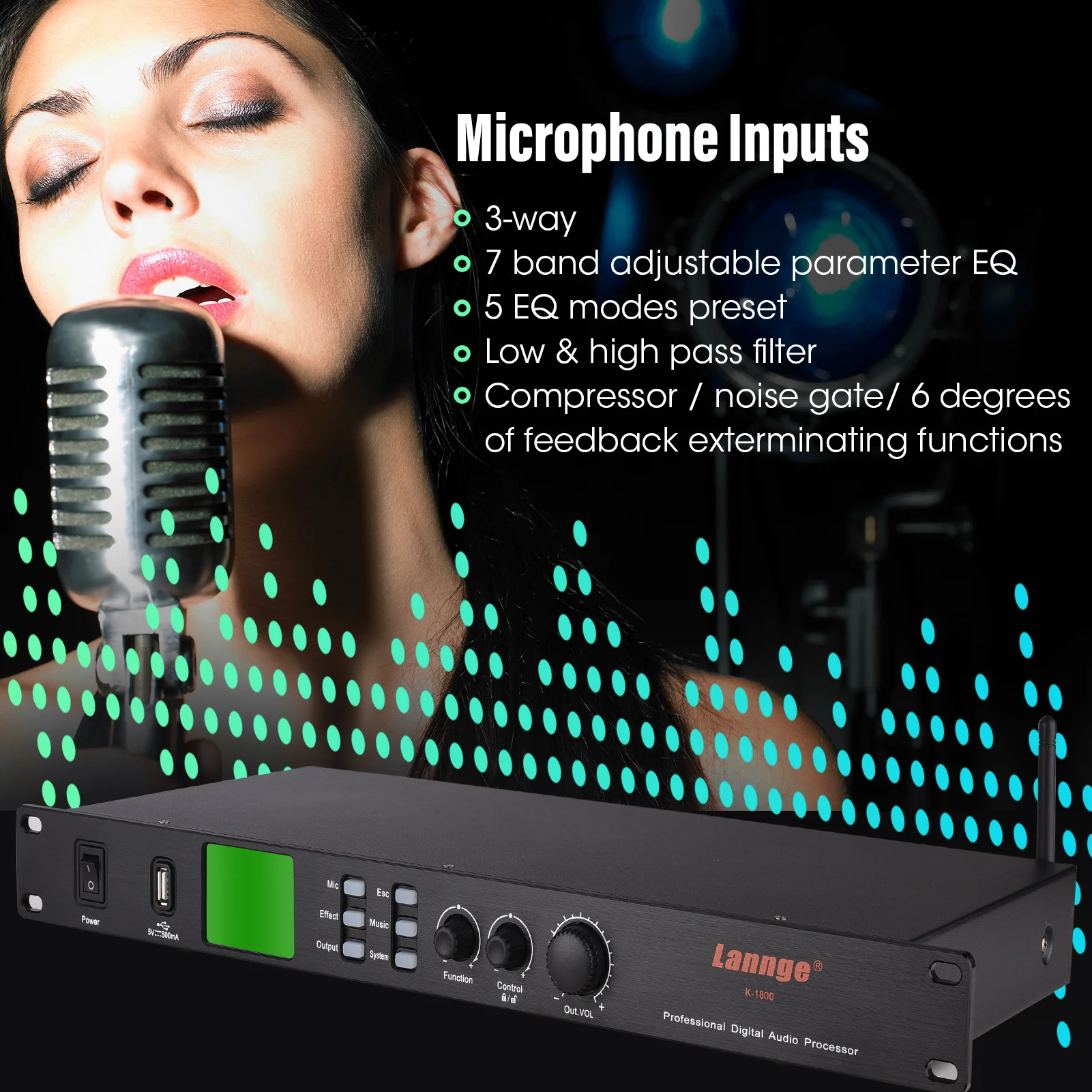 

Lannge K-1800 Digital Audio Processor with 3.5mm Mic / USB Sound Card / BT Audio Input & XLR / 3.5mm Output for Home Karaoke KTV
