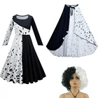 Новинка 2021, костюм для косплея злых мадам кроелла де Виль из фильма, детское платье, черное, белое, искусственное платье для вечеринки с накидкой, парик