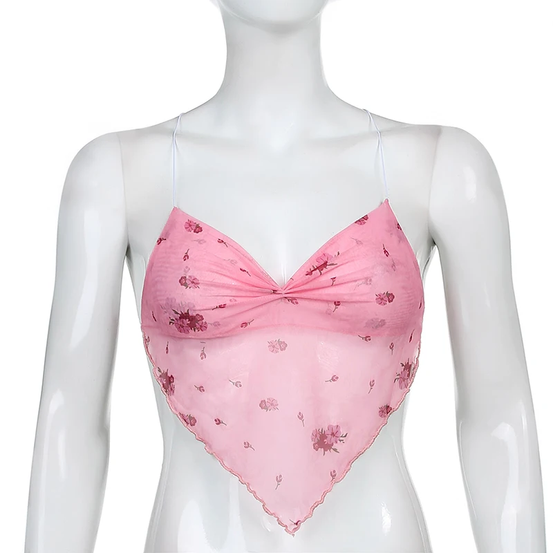 

Sweetown Pink Cute Mesh Halter Tops Women Flower Print Y2K Aesthetic Kawaii Clothes Sleeveless Backless Sexy 2000s Crop Top