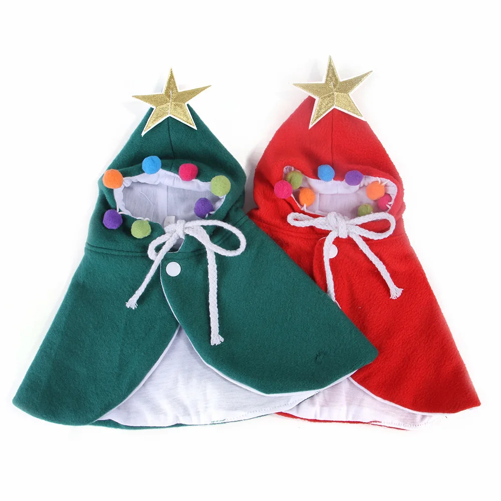 

Pet Christmas Costume Puppy Cat Cloak PolarFleece Pet Cloak With Santa Hat Party Cosplay With Star And Pompoms Cat Santa Cape