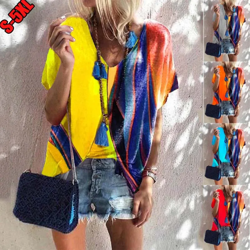 

New Fashion Women Clothing Summer Plus Size V-Neck Female T-Shirt Short Sleeve Loose Patchwork Soft Comfortable Women Pullovers