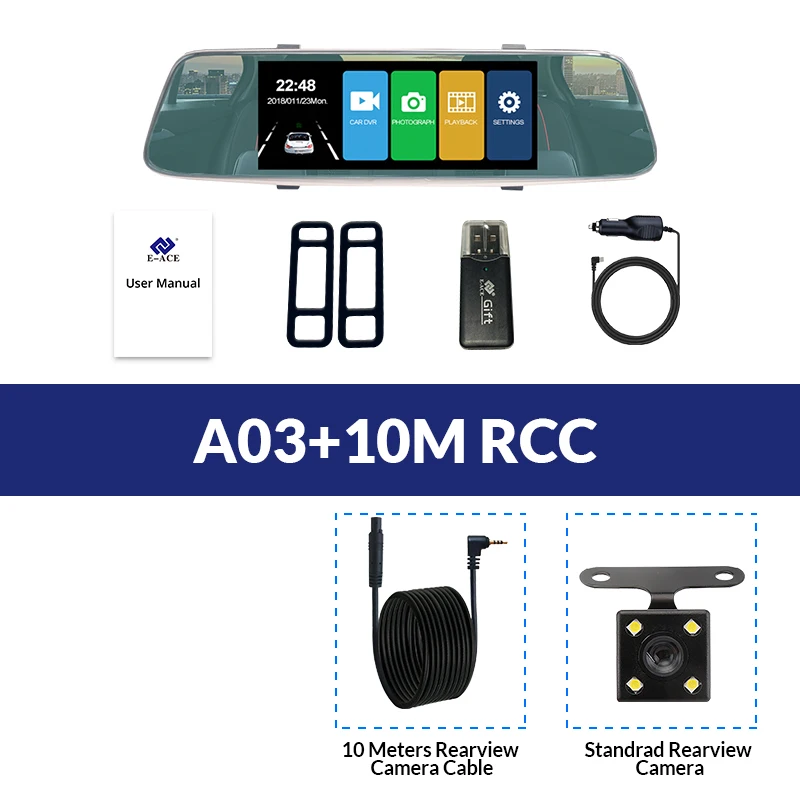 E-ACE Автомобильные видеорегистраторы " Сенсорное зеркало заднего вида 3g Android 5,0 камеры gps Bluetooth Handfree wifi FHD 1080P16G двойной объектив видео рекордер - Название цвета: A03-10M RCC