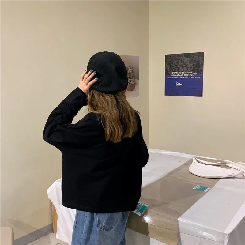 Женская свободная футболка с длинным рукавом и отложным воротником топы