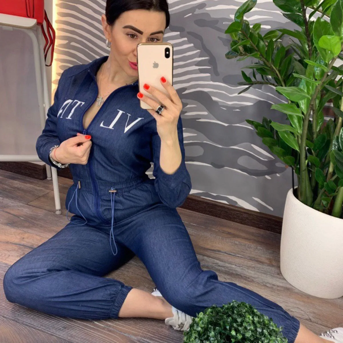 

Womens Clothes Plus Size Jumpsuits 2020 Autumn New Blue Sports Casual Jumpsuit Waist Slim Zipper Casual Jumpsuit