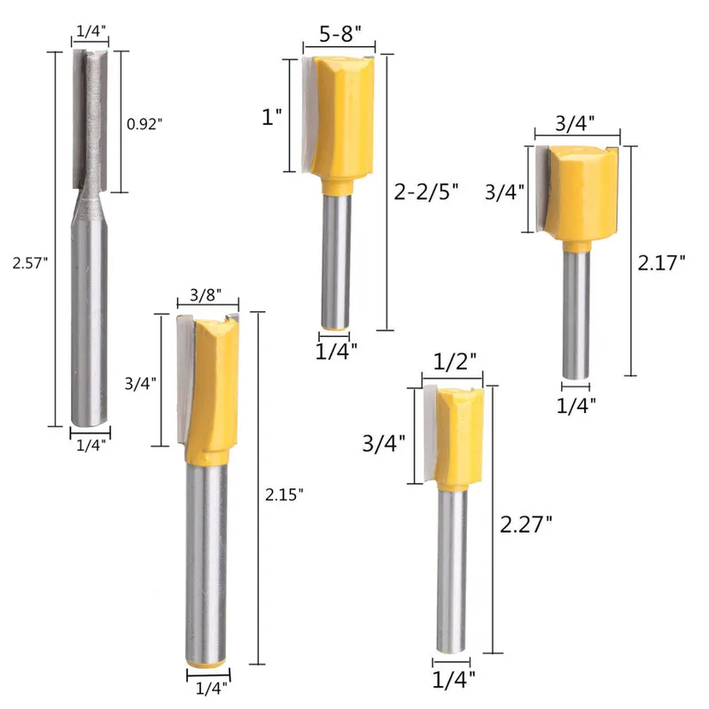 5 шт. 1/4 &quotхвостовик прямой маршрутизатор Набор бит 1/4&quot 3/8 &quot1/2&quot 5/8 &quot3/4&quot