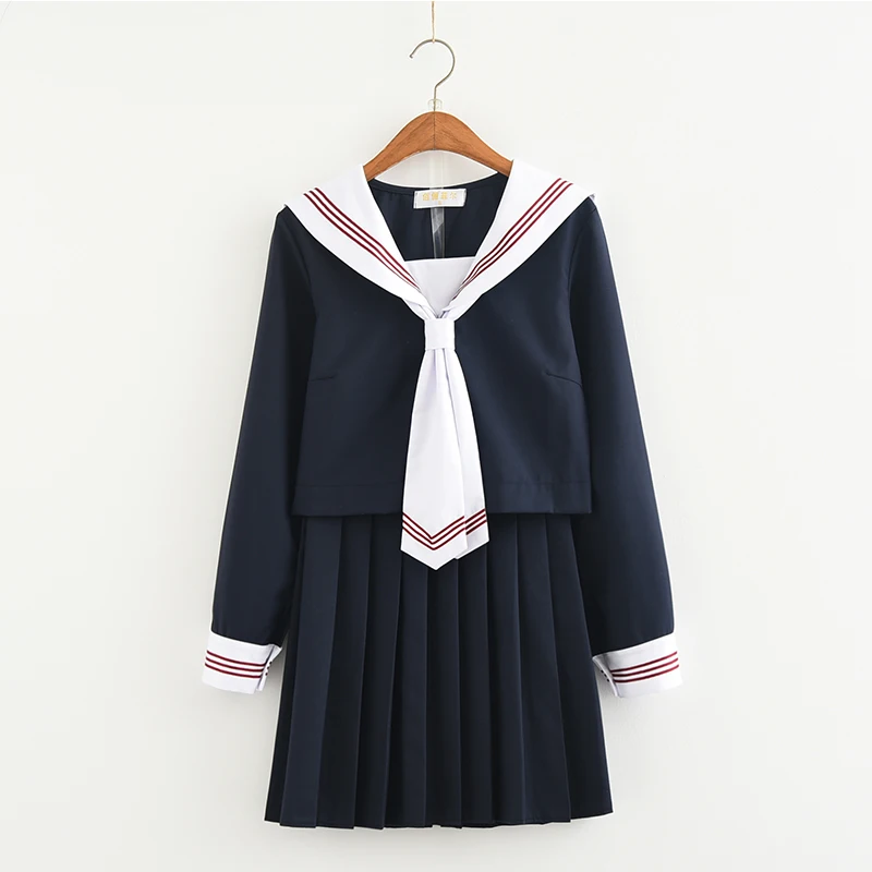 

New apanese school uniform Cyanotic White Collar Red SEMBEM Middle Stage Costume Suit Sailor Suit school girl uniform