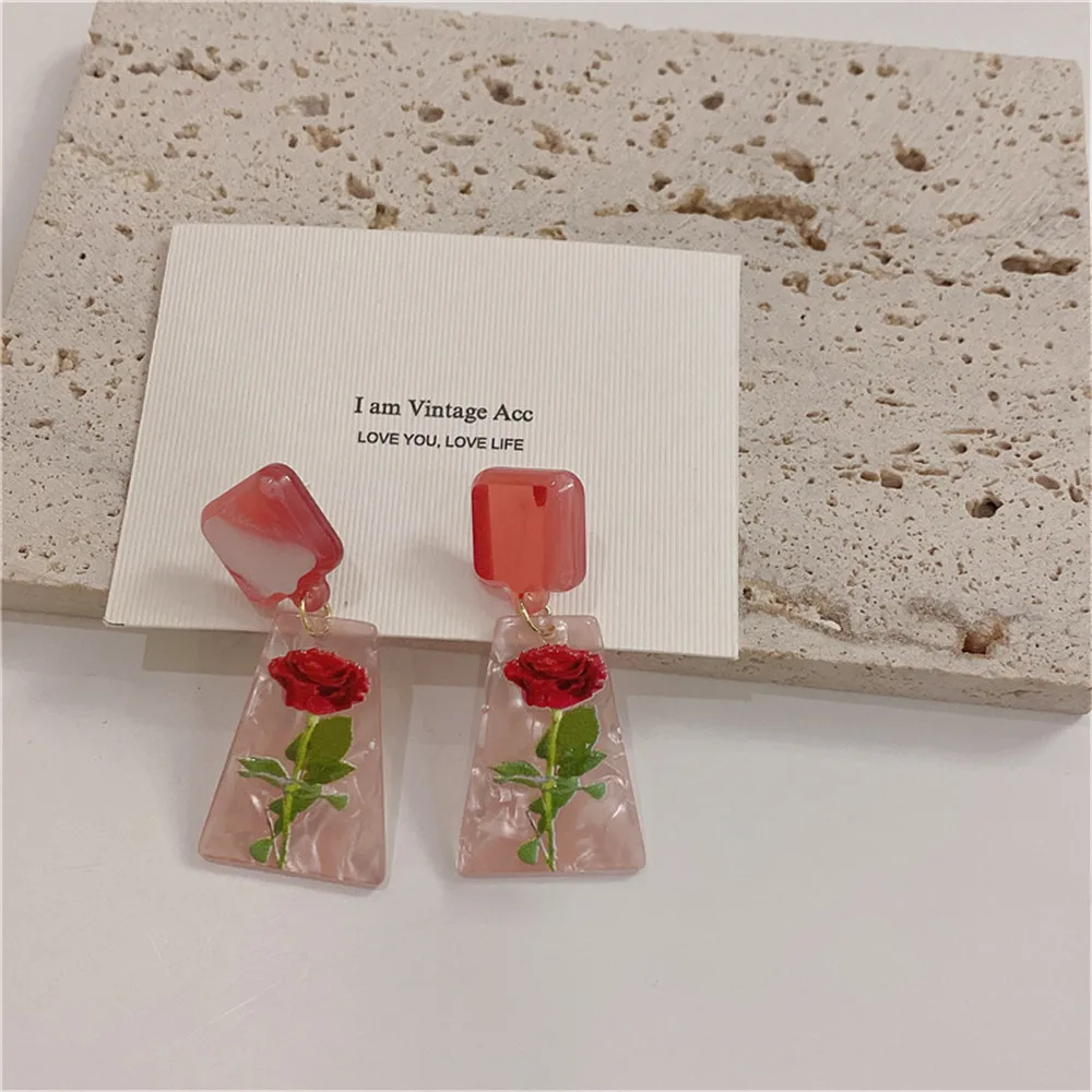 

2021 Fashion Trend Girly Style Rose Acrylic Earrings Cartoon Character Earrings For Women Girls Cute Jewelry Geometric Earrings