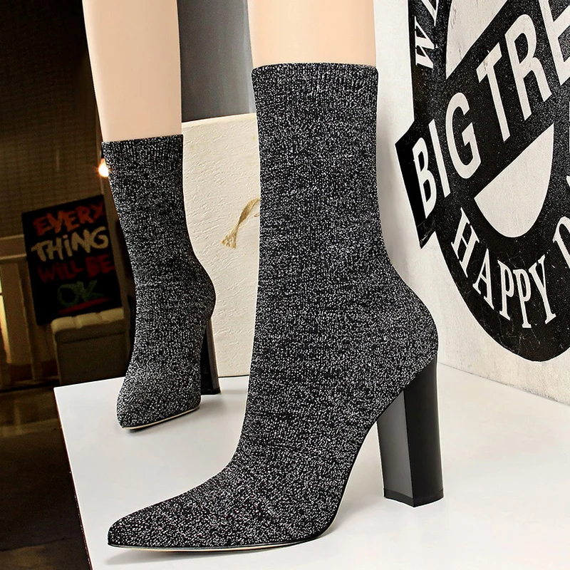 

BIGTREE Shoes Women Socks Boots Knitting Stretch Boots Fashion New Mid-calf Boots Block Heels Pointed Toe High-Heeled Boots 2022