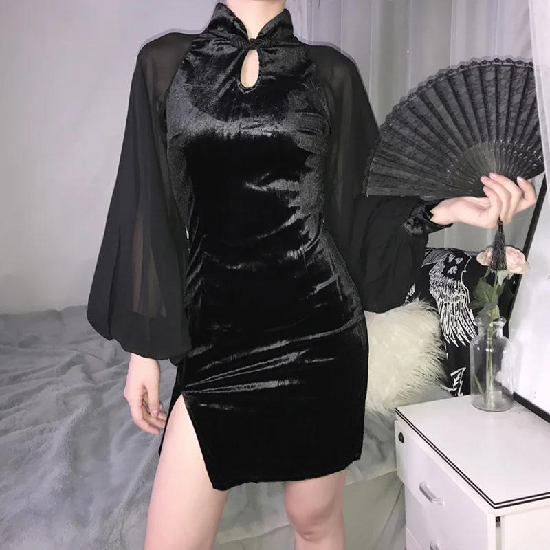 

Long Sleeve Dresses Women Summer Mini Side-slit Hole Mesh Translucent Chinese Style Breathable Casual Ladies Elegant Fashionable