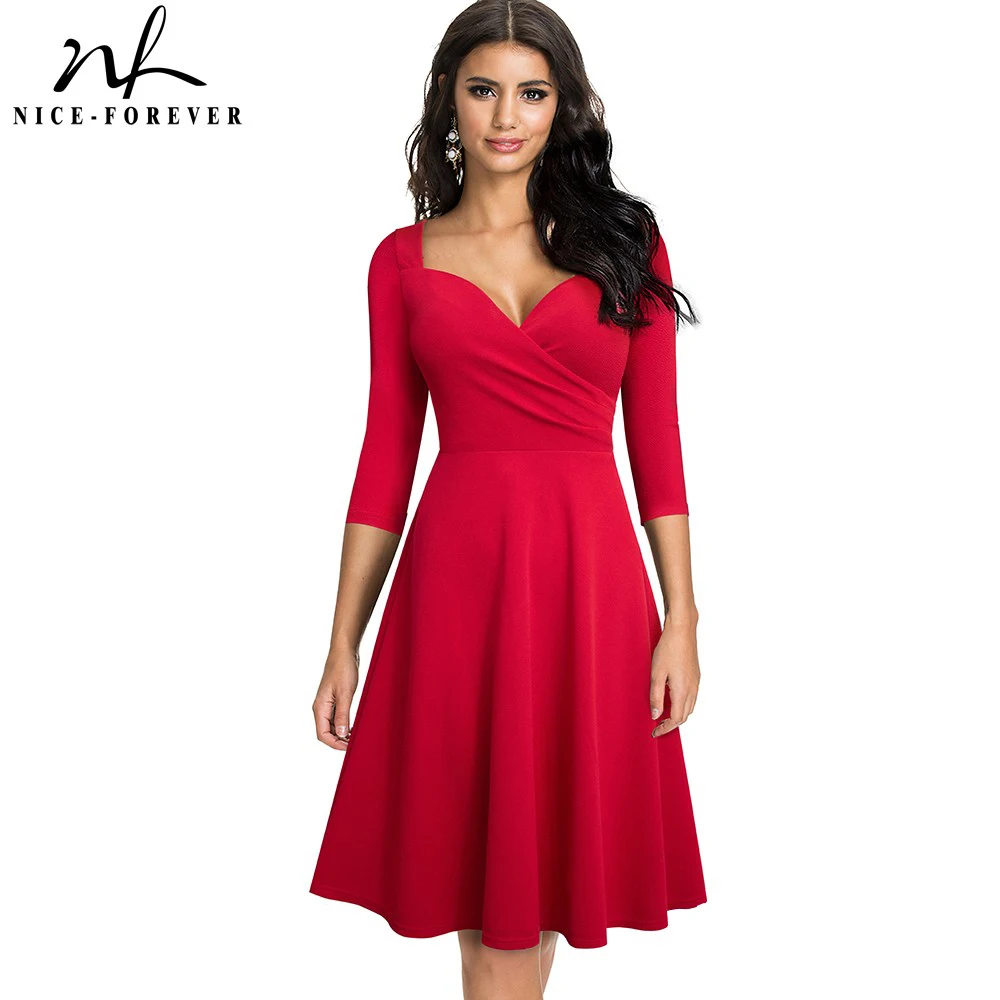 

Nice-forever Spring Women Fashion Solid Color Sexy Low Cut Dresses Cocktail Party Elegant Flare A-Line Dress A292