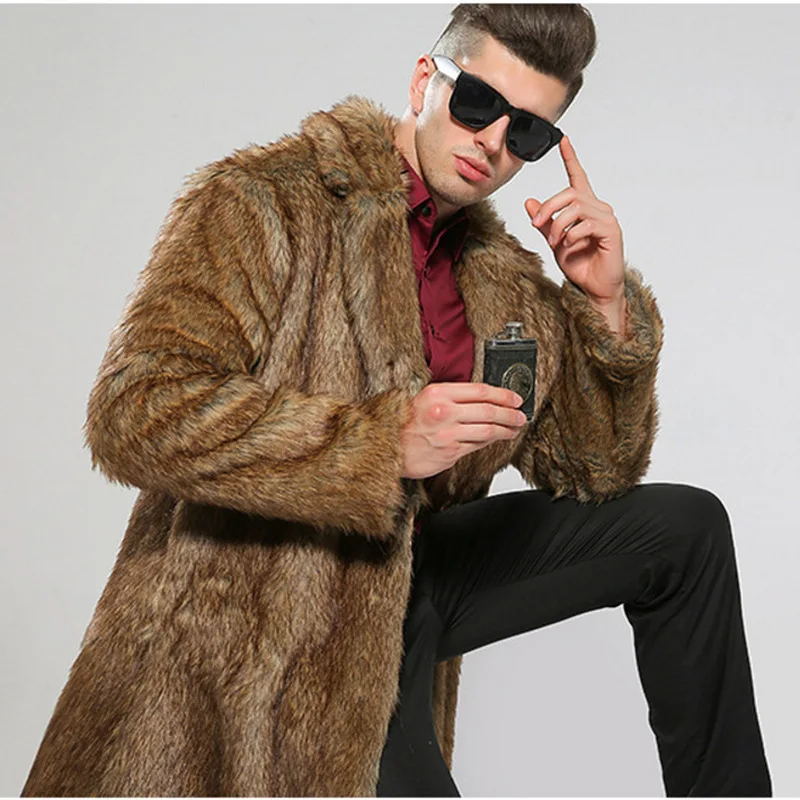 Yellow Hair Fur Coats Men Winter Warm Faux Fur Treach Big Collar Male Winter Warm Fur Coats 2021 New Luxury Man Trench Outwear