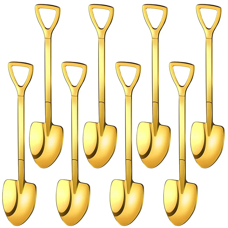 

8 Pieces Gold Shovel Shape Spoons Stainless Steel Shovel Shape Coffee Ice Cream Dessert Spoons for Home and Party