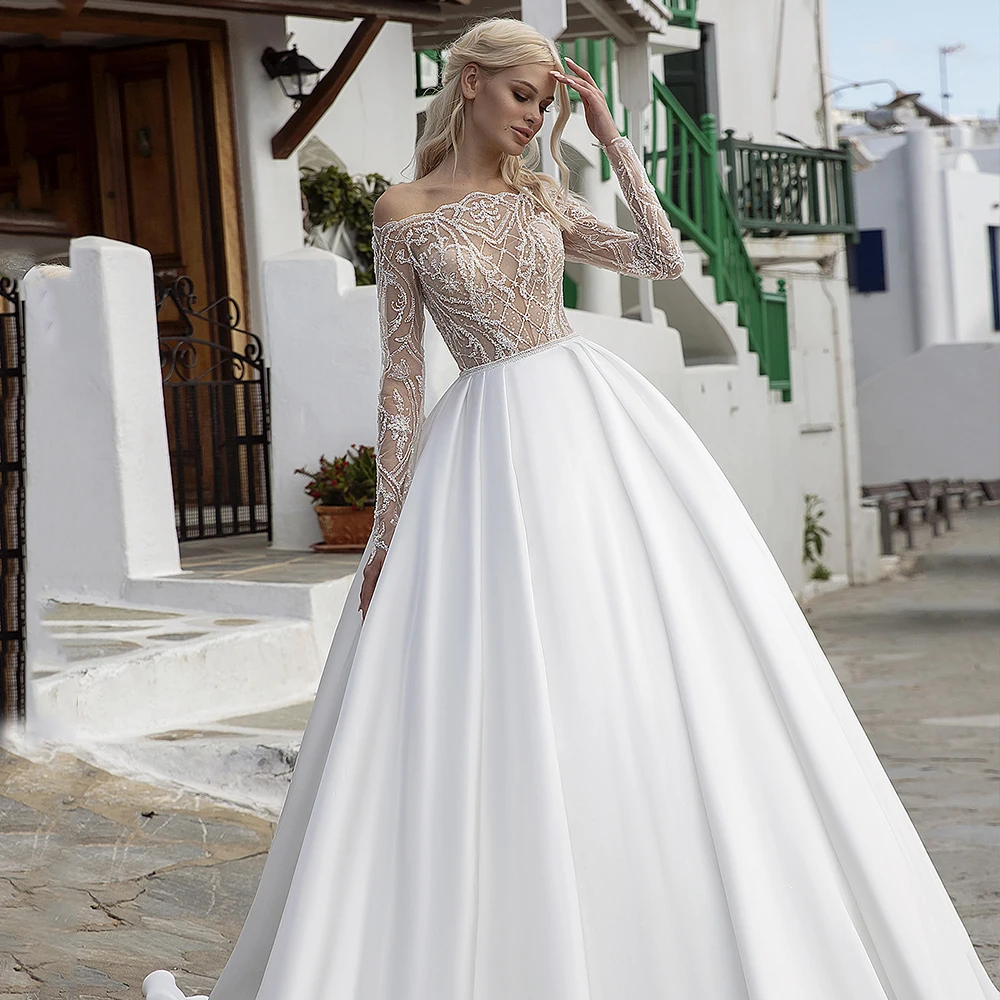 

Sexy Illusion Long Sleeve Princess Wedding Dresses 2021 A-Line Off The Shoulder Matte Satin Beaded Pearls Bridal Gowns