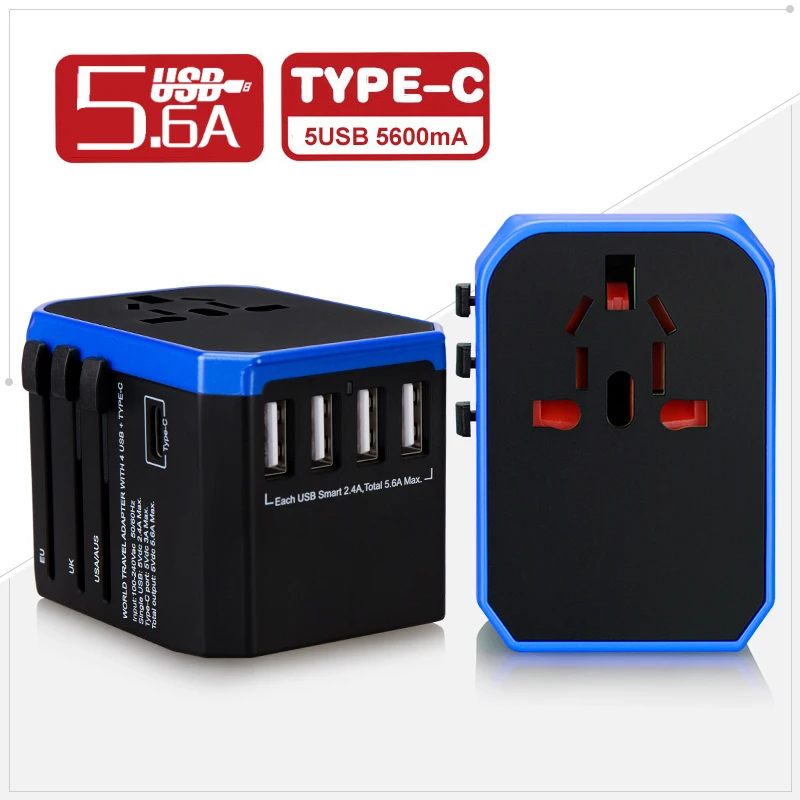 Универсальный адаптер для путешествий с разъемами USB Type C и 4 зарядное устройство