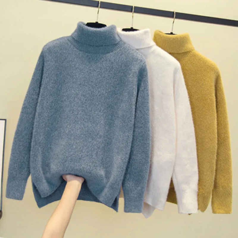 Свитер женский из шерсти норки с высоким воротником на осень и зиму | Женская