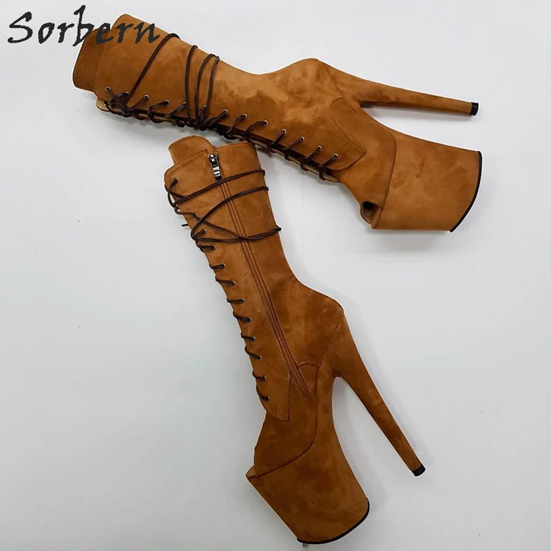Ginger Sorbern/ботинки до середины икры; женские ботинки на платформе и высоком каблуке 20 см; цвет на заказ; размеры 34-45; ботинки на платформе на шнуровке с открытым носком - Цвет: Ginger