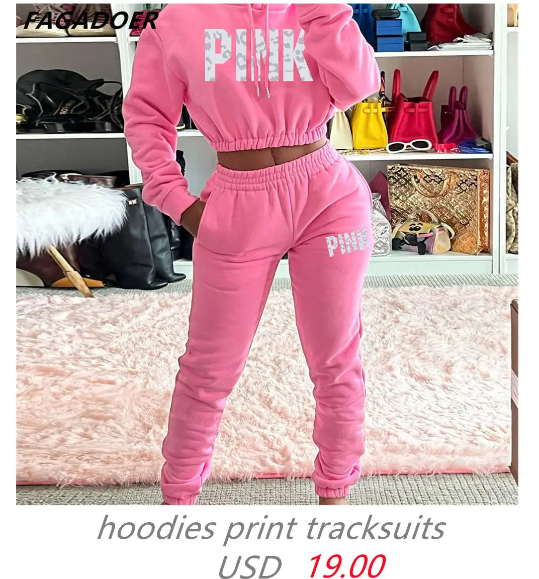 Fagadoer Hoodies Sport Two Piece Set Women Autumn Winter Tracksuit Solid Sweatshirts+Pants Casual Streetwear Women Sweat Suits pink jogging suit