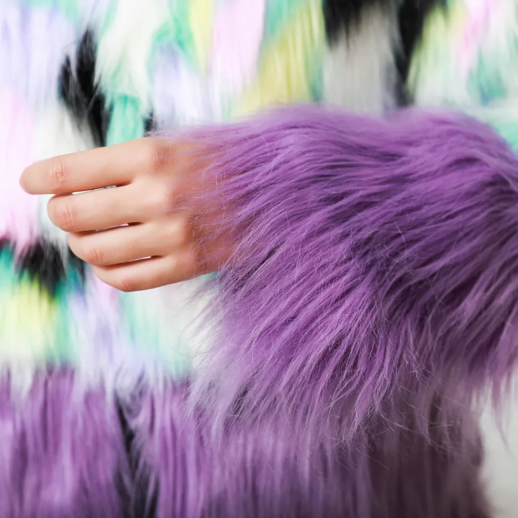 

NEW Coat Furry Faux Fur Coat Women Fluffy Warm Long Sleeve Female Outerwear Autumn Winter Coat Jacket Hairy Collarless Overcoat