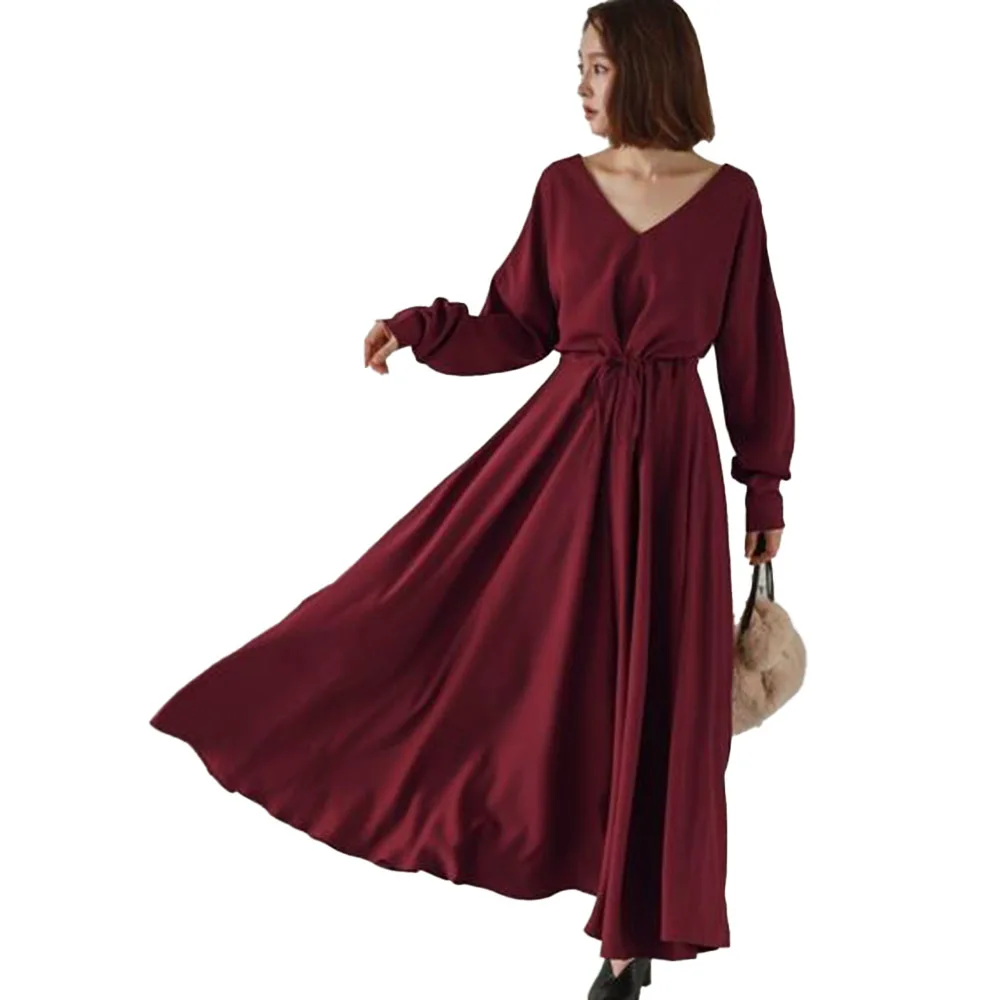 

Japanese Korean Version Ladies Dress Spring Summer Casual Fashion Loose Solid Color Draw Back V-neck Long Sleeve 2021