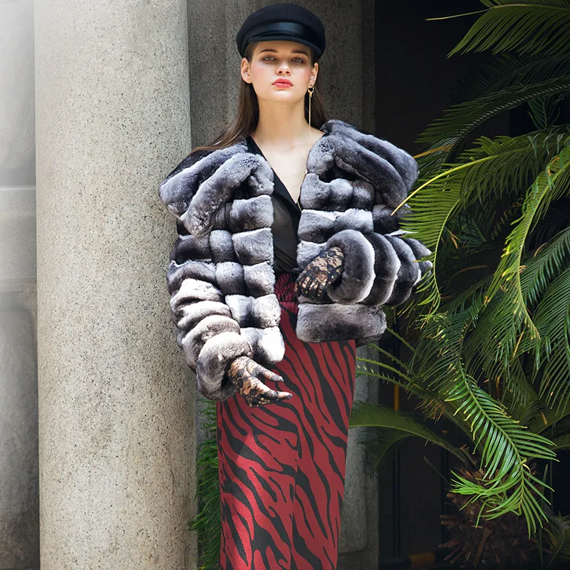 FURSARCAR 2021 New Winter Rex Rabbit Fur Women's Coat Slim Short Chinchilla Jackets With Hood For Female Rabbit Fur Outwear