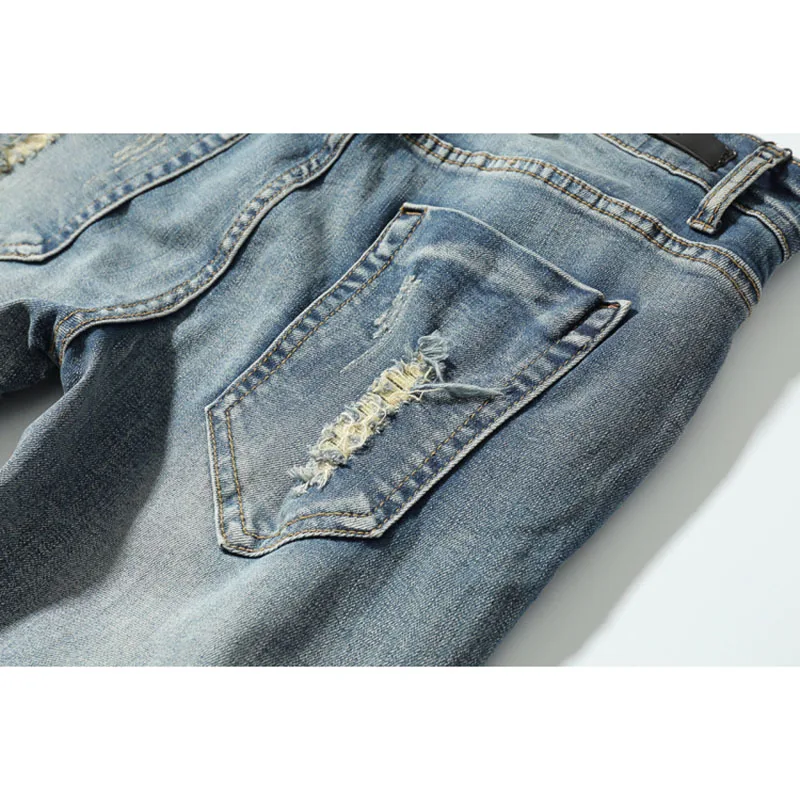 Модные уличные мужские эластичные рваные джинсы скинни потертые Синие
