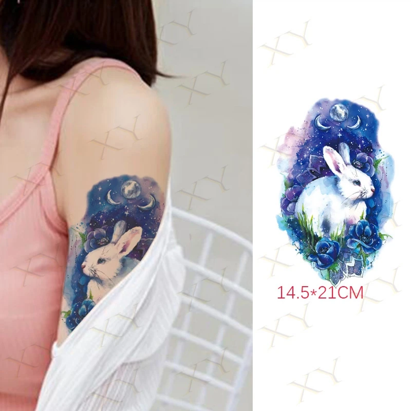 

Водостойкая Временная тату-наклейка, синяя Роза, кролик, луна, флэш-тату, лиса, волк, животное, боди-арт, искусственная татуировка на руку для ...