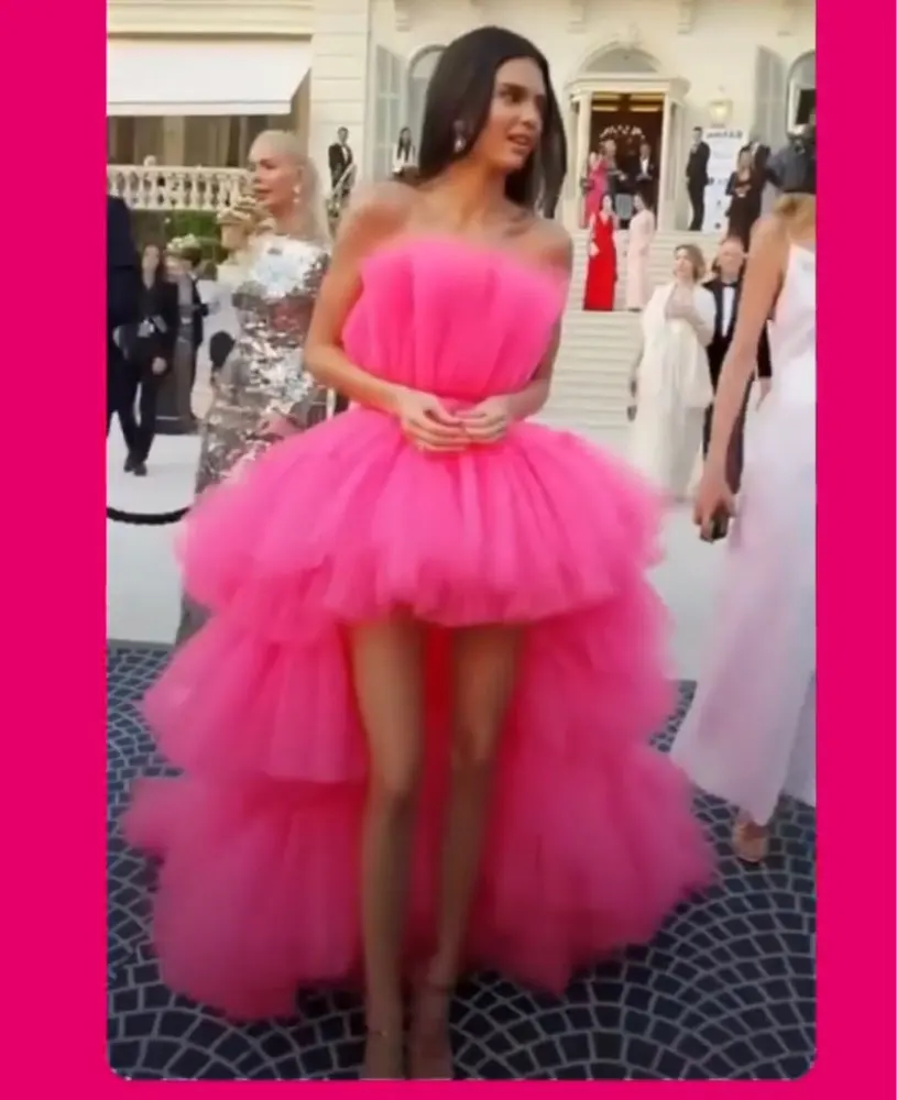 

Verngo Pink Tulle High Low Prom Dresses Short Front Long Back Strapless Tiered Skirt Evening Party Gowns Graduation Dress