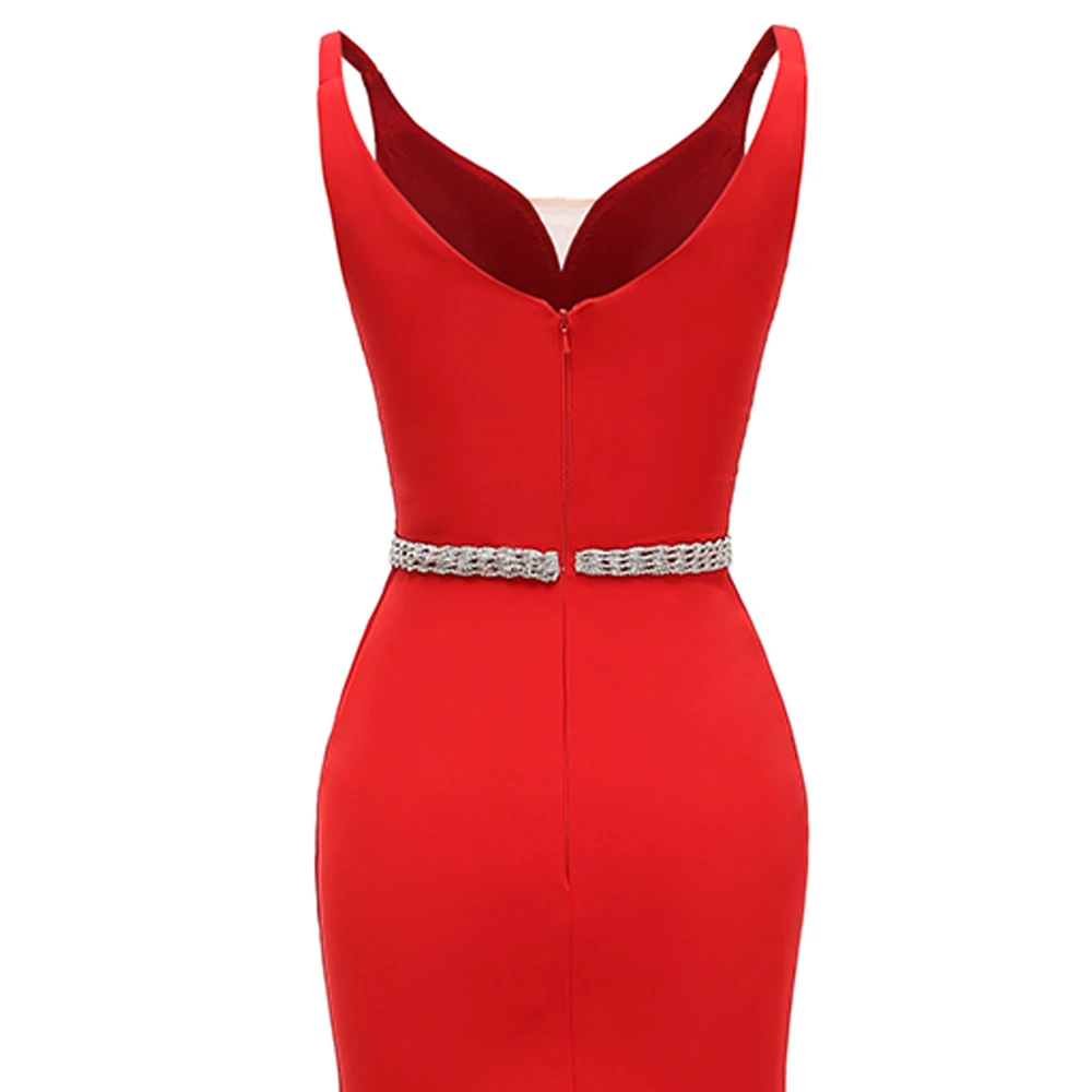 

VKBRIDAL Red Evening Dress 2019 Sexy V- Neck Satin Floor Length Long Formal Prom Dresses Mermaid Party Gowns