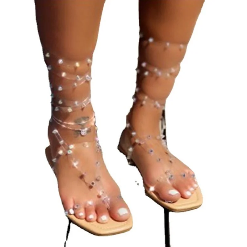 

Women's Sandals Flat Casual Shoes 2021 Summer New Square Toe Transparent Orange Sandals Cross Open Toe Strap Winding Sandals