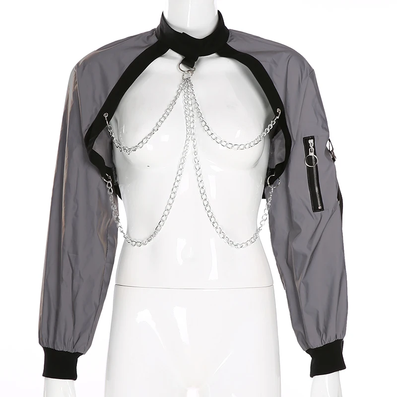 Женская готическая куртка большого размера светоотражающая на молнии с цепочкой
