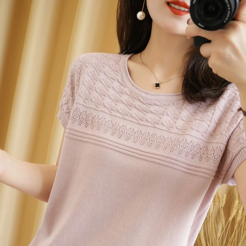 

Pure Cotton Round Neck Hollow Short-Sleeved Women's Thin Knitted T-Shirt Bottoming Shirt Large Size Fashion 2021 Summer New Top