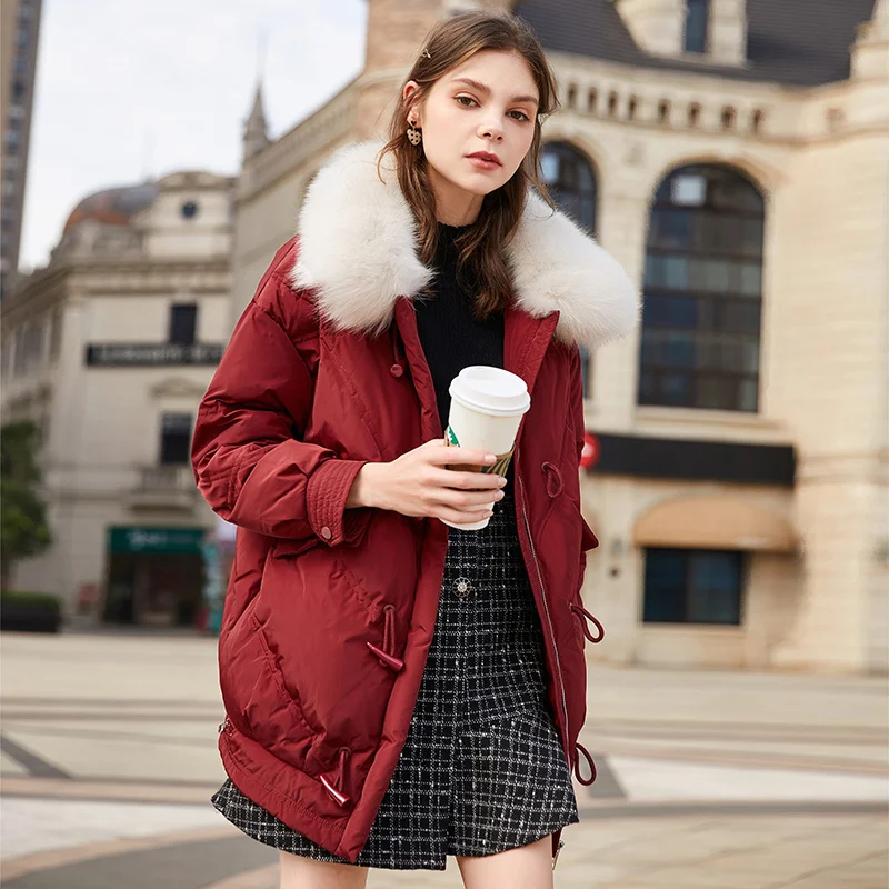 

SHZQ Red Down Jacket Women's Middle and Long Style 2021 Winter New Loose and Thin White Duck Down Big Hairy Collar Coat
