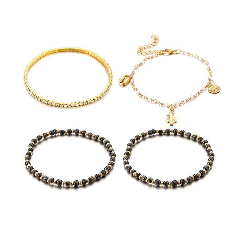 

HI MAN 4 Pcs/Set Bohemian Mixed Zircon Pav Handmade Beaded Shell Anklet Women Fashion All-Match Beach Jewelry