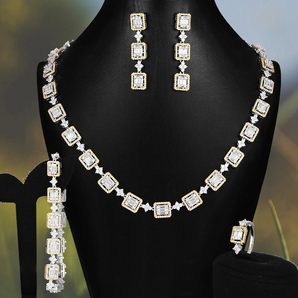 

High Quality Luxury Dubai Indian Bridal Wedding Jewelry Sets Shiny CZ Necklace Earrings Bangle Rings ethiopian jewelry For Women