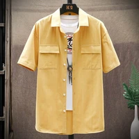 mens loose shirts 2021 summer casual solid stand collar half sleeve button cotton shirt men high quality tops