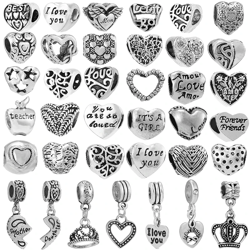 

2Pcs/lot Silver Color Heart-shaped Charm Beads Pendant Accessories Fit Original Brand Bracelet Necklace For Women Jewelry