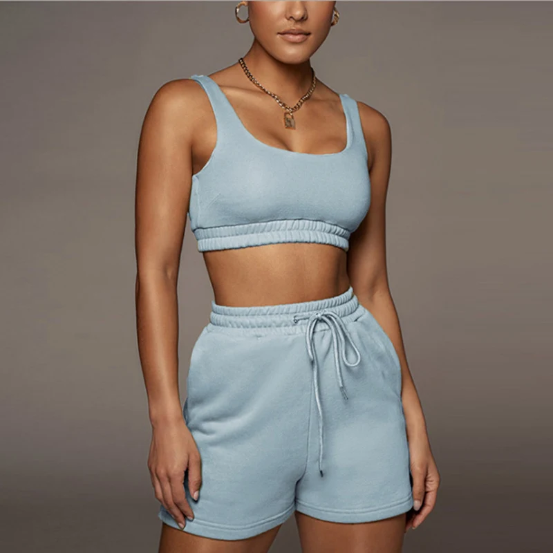 

Casual Solid Sportswear 2 Two Piece Sets Women 2021 Crop Top And Drawstring Shorts Matching Suits Summer Athleisure Outfits Chic
