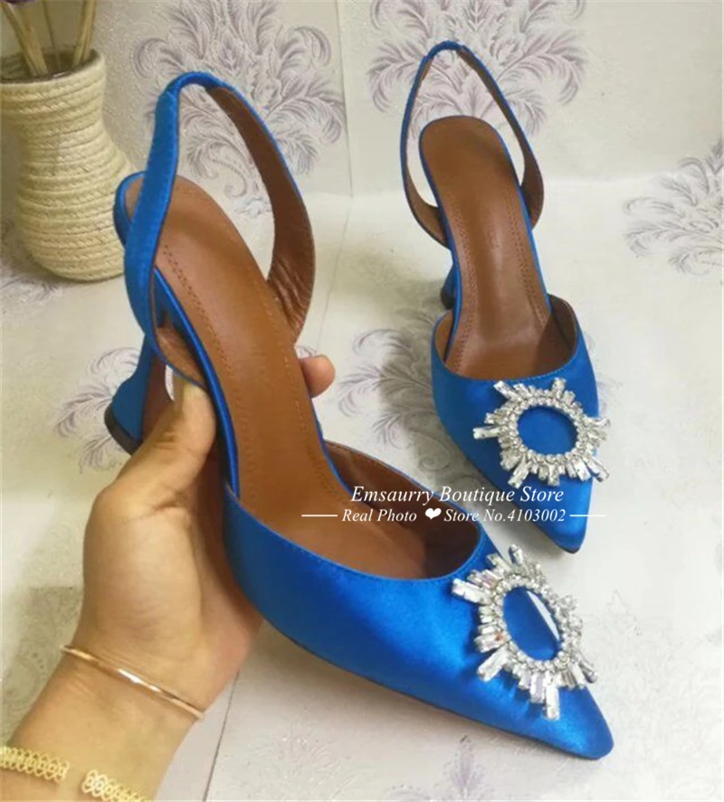 Luxury Satin Cup Heel Sandalias Mujer Sexy Back Strap Pointed Toe Crystal Buckle Individual High Heel Summer Sandals Women