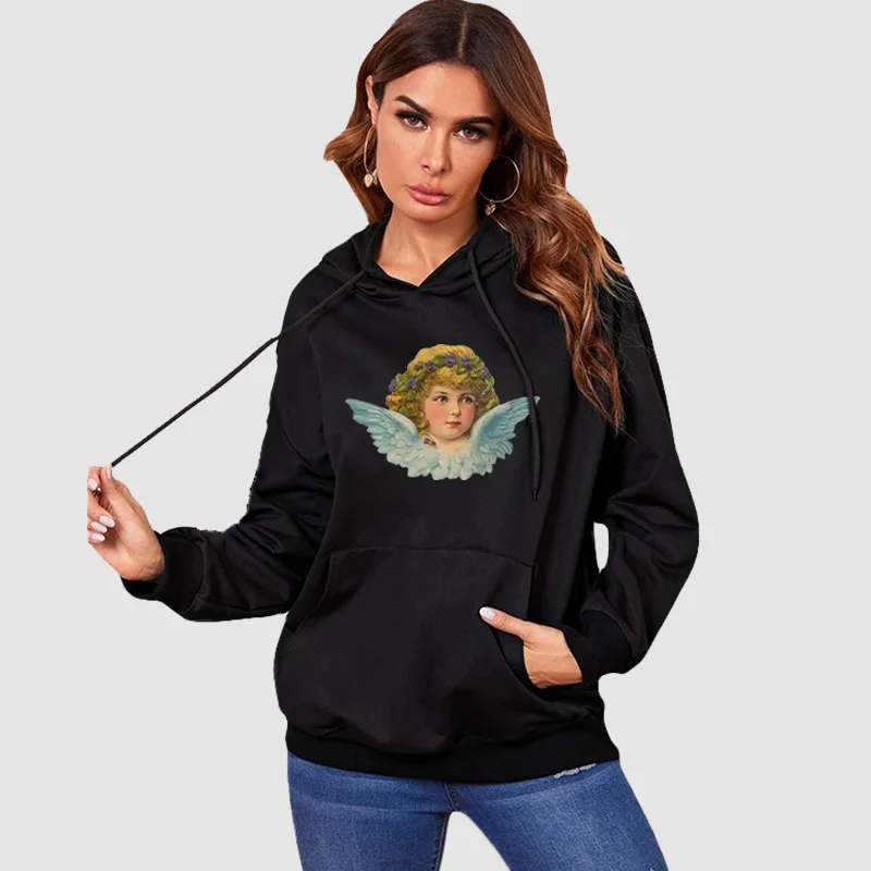

Female Black White Harajuku Sweatshirts Women Hoodies Cute Angel Print Fashion Hooded Casual Ladies Pullovers Tops